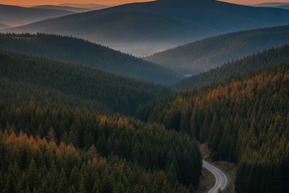 Erzgebirge-Hügellandschaft im Abendlicht — sinnbildlich für Tourismus, UNESCO-Welterbe und Erzgebirge-Region