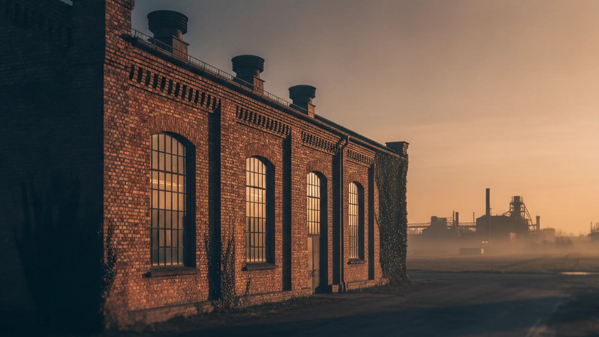 Restaurierte Gründerzeit-Industriehalle mit Rundbogenfenstern im Abendlicht — sinnbildlich für das industrielle Erbe Chemnitz als sächsisches Manchester